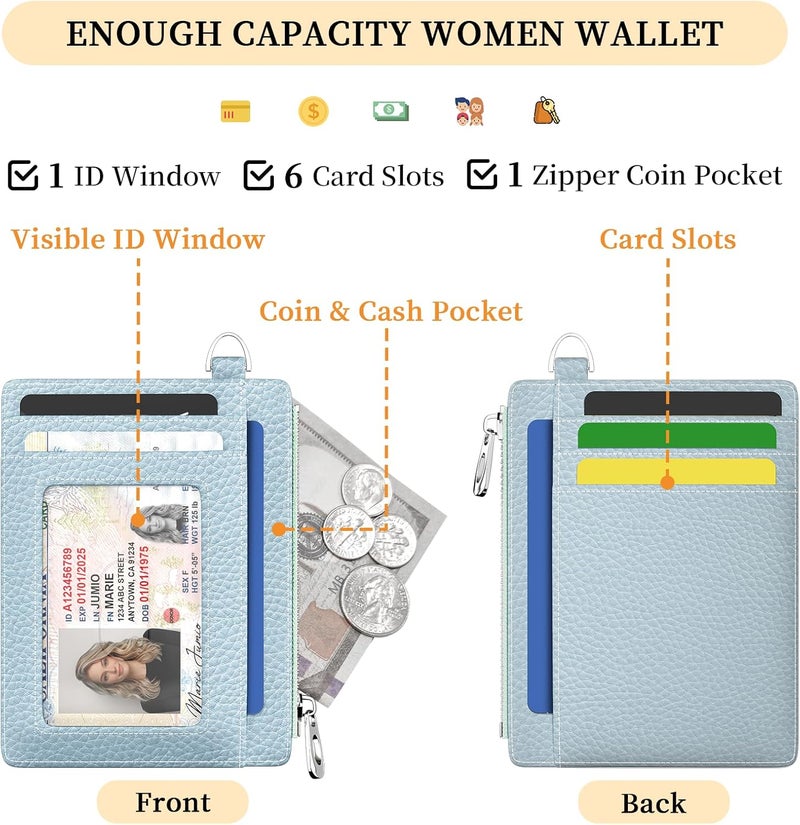 Hancynir Slim Wallet Women Credit Card Holder, Minimalist RFID Blocking Small Mini Card Wallets, Cute Front Pocket PU Leather Card Case, Thin Travel Zipper Coin Cash Ladies Female Wallet Gifts Blue - Image 5